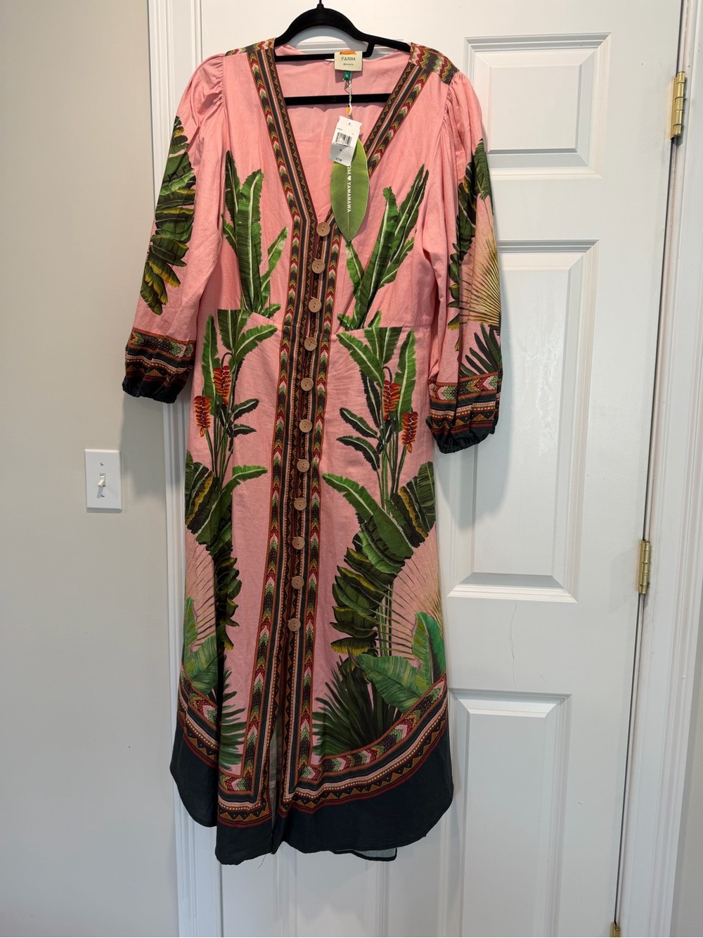 FARM Rio Pink Maxi Dress with Green Tropical Leaf Motif and Black Border - Picture 2 of 3